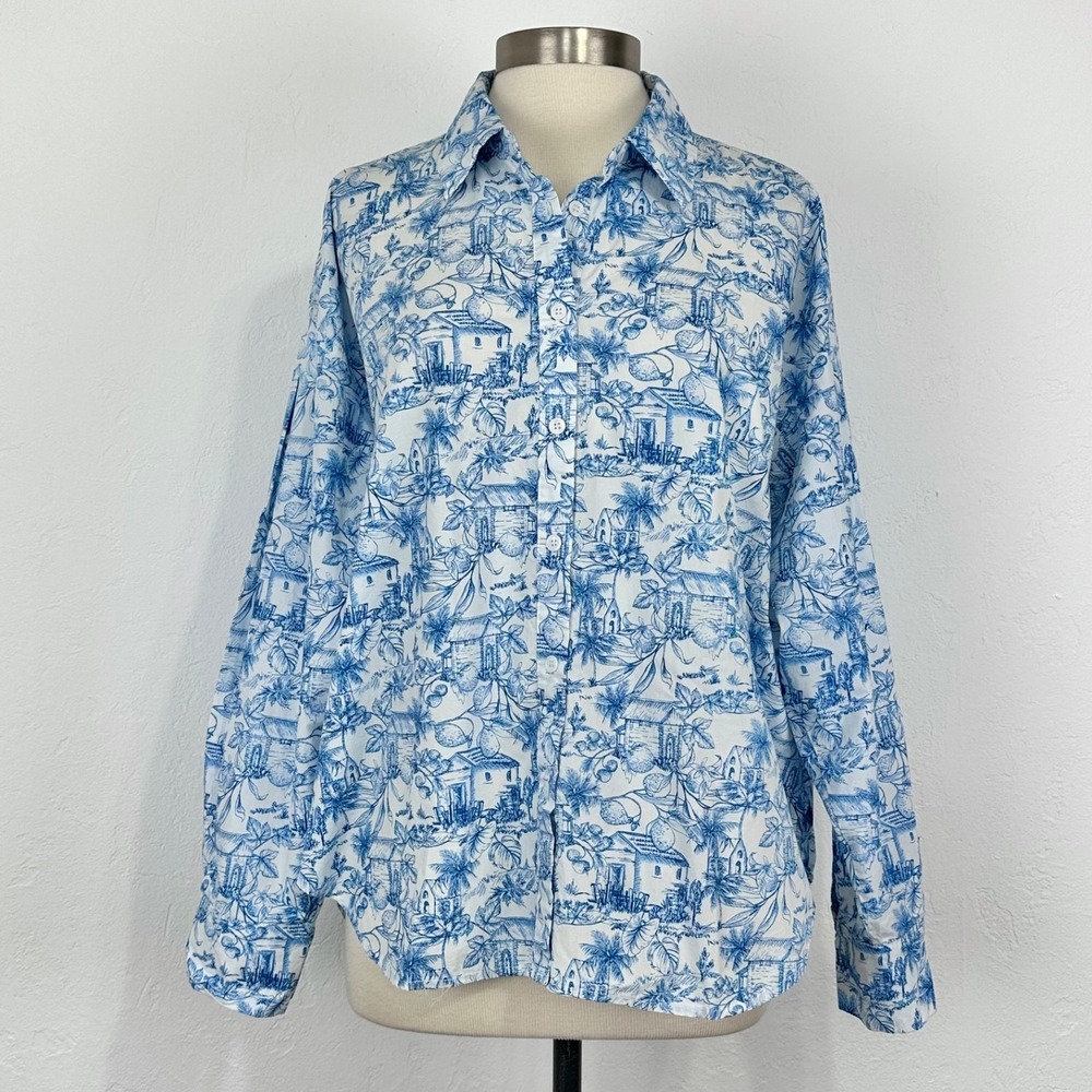 Coastal Grandma Resort Shirt Medium Oversized Boxy Tropical Toile Cotton Button